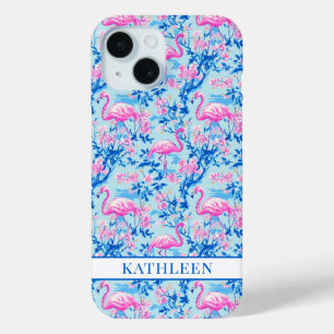 Funda Para iPhone 15 Flamencos con Flores Rosas Monogramadas