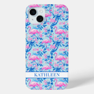 Funda Para iPhone 15 Mini Flamencos con Flores Rosas Monogramadas