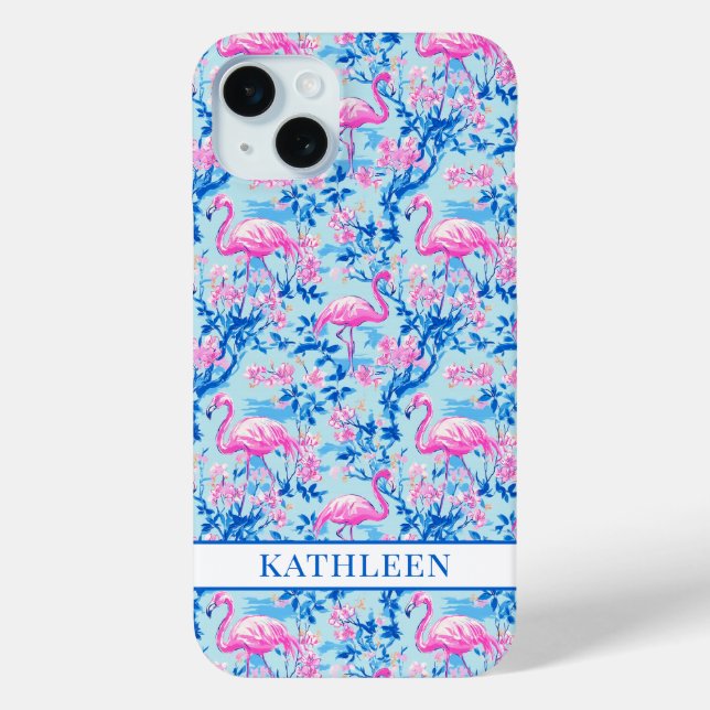 Funda De Case-Mate Para iPhone Flamencos con Flores Rosas Monogramadas (Reverso )