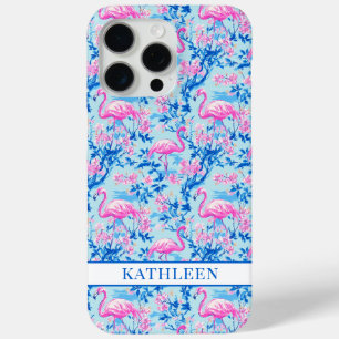 Funda Para iPhone 15 Pro Max Flamencos con Flores Rosas Monogramadas