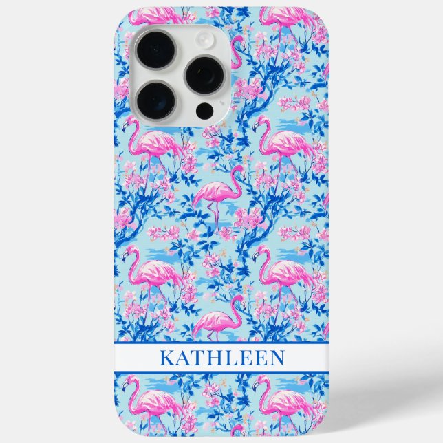 Funda De Case-Mate Para iPhone Flamencos con Flores Rosas Monogramadas (Reverso )