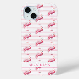 Funda Para iPhone 15 Mini Flamencos en Rayas de Acuarela Monogramados