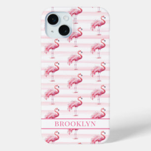 Funda Para iPhone 15 Mini Flamencos en Rayas de Acuarela Monogramados