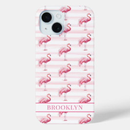 Funda Para iPhone 15 Flamencos en Rayas de Acuarela Monogramados