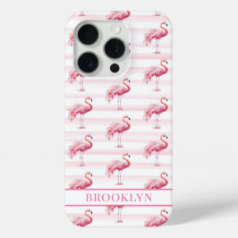 Funda Para iPhone 15 Pro Flamencos en Rayas de Acuarela Monogramados