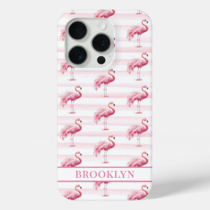 Funda Para iPhone 15 Pro Flamencos en Rayas de Acuarela Monogramados