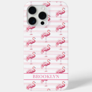 Funda Para iPhone 15 Pro Max Flamencos en Rayas de Acuarela Monogramados
