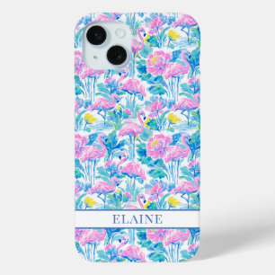 Funda Para iPhone 15 Mini Flamencos Monogramados en Acuarela Rosa
