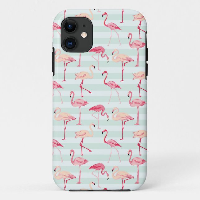 Funda De Case-Mate Para iPhone Flamencos retros en rayas de la menta (Reverso)
