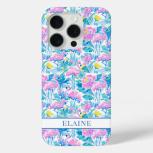 Funda Para iPhone 15 Pro Flamencos Rosa Acuarela Monogramados
