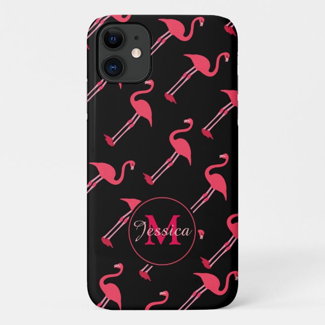 Funda De Case-Mate Para iPhone Flamencos rosados en negro personalizado (Reverso)