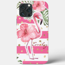 Funda Para iPhone 13 Pro Max Flamencos rosados modernos florales tropicales per