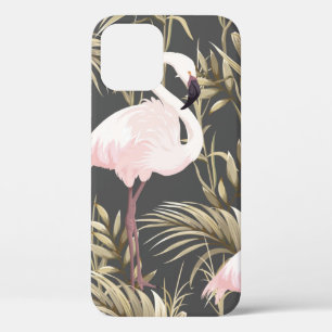 Funda Para iPhone 12 Flamencos rosados y plantas doradas, patrón transp