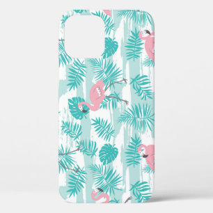 Funda Para iPhone 12 Flamencos rosas, hojas de palma verdes, tropicales