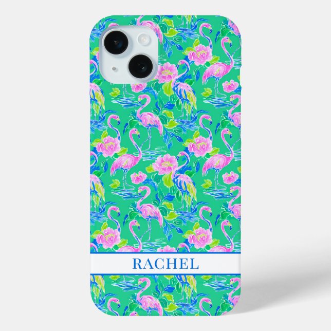 Funda De Case-Mate Para iPhone Flamencos Rosas Monogramados (Reverso )