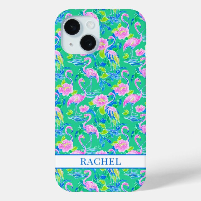 Funda De Case-Mate Para iPhone Flamencos Rosas Monogramados (Reverso )