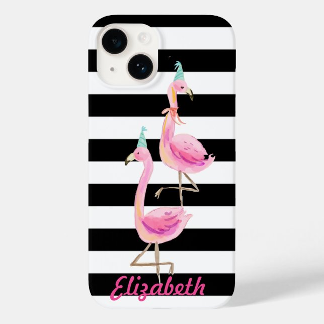 Funda De Case-Mate Para iPhone Flamencos rosas, negro, franjas blancas (Reverso )