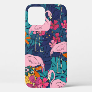 Funda Para iPhone 12 Flamencos sobre un fondo de hojas tropicales y f