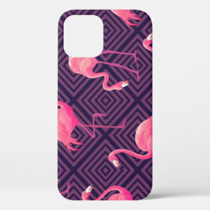 Funda Para iPhone 12 Flamencos vintage, fondo geométrico púrpura.