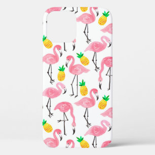 Funda Para iPhone 12 Flamingo rosa de color de agua y piña amarilla