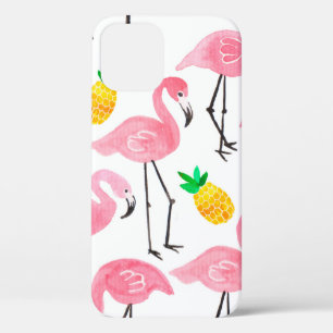 Funda Para iPhone 12 Flamingo rosa de color de agua y piña amarilla 