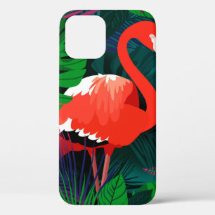 Funda Para iPhone 12 Flamingo rosa. Hojas tropicales, mariposa rosada,
