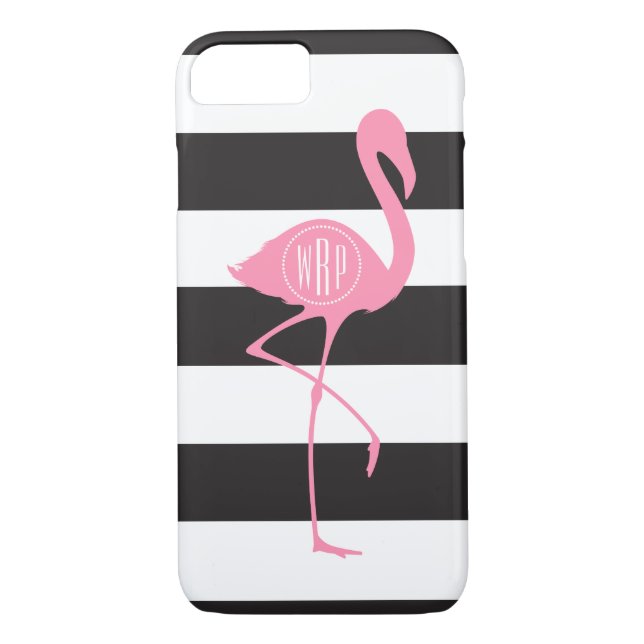 Funda De Case-Mate Para iPhone Flamingo rosa monogramado + negro + franjas blanca (Reverso)