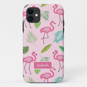 Funda Para iPhone 11 Flamingo rosa y hojas tropicales Nombre personaliz