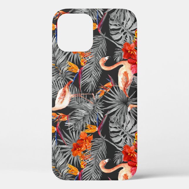 Funda De Case-Mate Para iPhone Flamingo y flores, patrón monocromo. (Reverso )