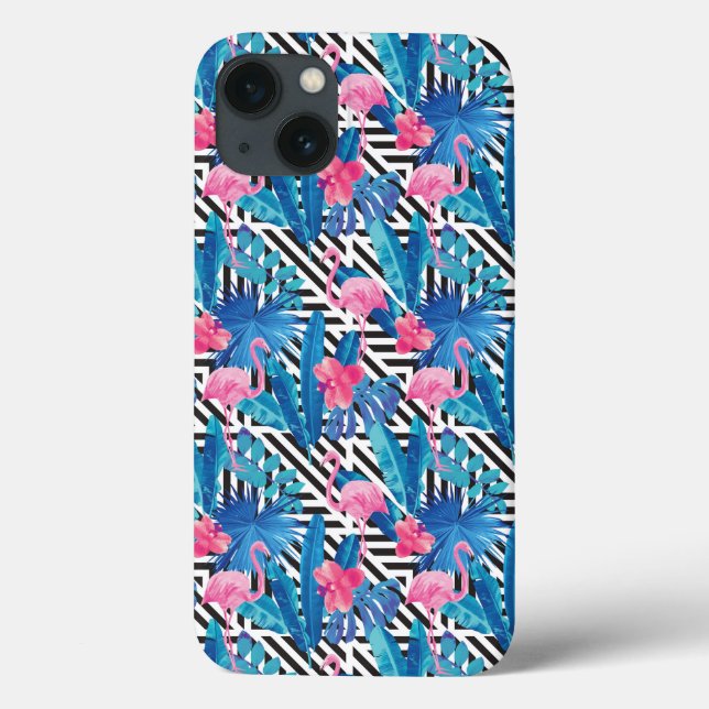 Funda De Case-Mate Para iPhone Flamingo y palmas en patrón geométrico (Reverso)