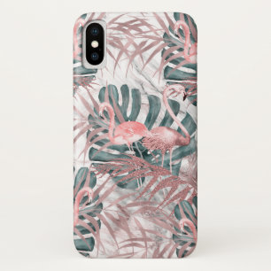Funda Para iPhone X Flamingos Tropicales de Oro Rosa Hojas y Mármol