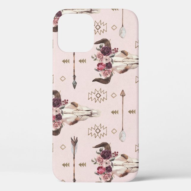 Funda De Case-Mate Para iPhone Flechas y cráneo de Boho, patrón de acuarela. (Reverso )