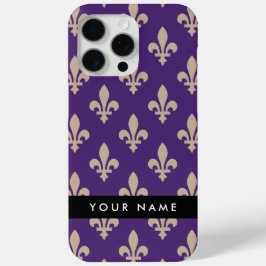 Funda Para iPhone 15 Pro Max Fleur de Lis, Beige on Purple, Royal, Your Name