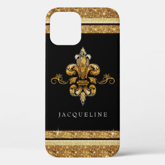 Funda Para iPhone 12 Pro Fleur de Lis Gold Purpurina Black Elegant French 