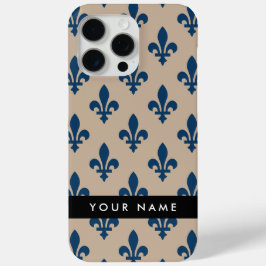 Funda Para iPhone 15 Pro Max Fleur de Lis, Navy Blue on Beige, Royal, Your Name