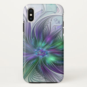 Funda Para iPhone XS Flor Abstracta Fractal Arte Iniciales Verde Púrpur