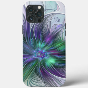 Funda Para iPhone 13 Pro Max Flor Abstracta Fractal de Letras en Verde Púrpura