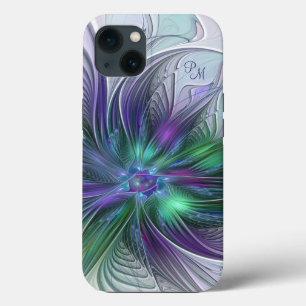 Funda Para iPhone 13 Flor Abstracta Fractal de Letras en Verde Púrpura