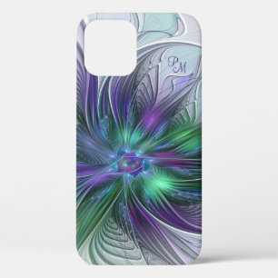 Funda Para iPhone 12 Flor Abstracta Fractal Iniciales Verde Púrpura
