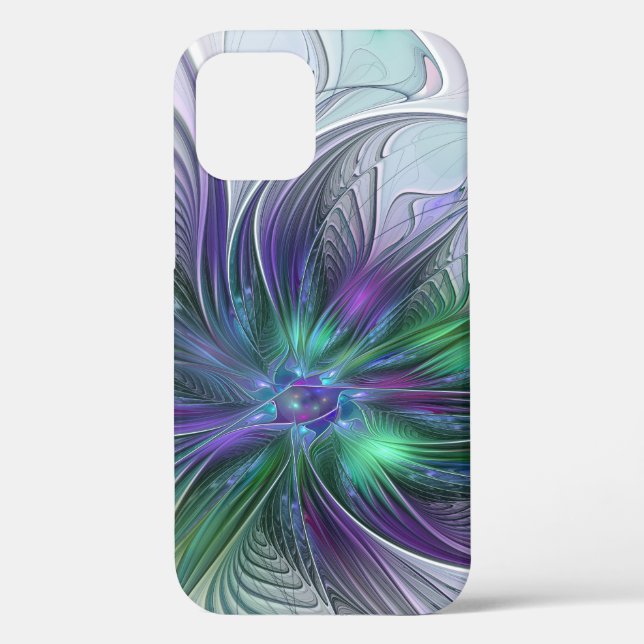 Funda De Case-Mate Para iPhone Flor Abstracta Moderna Fractal Verde Púrpura (Reverso )
