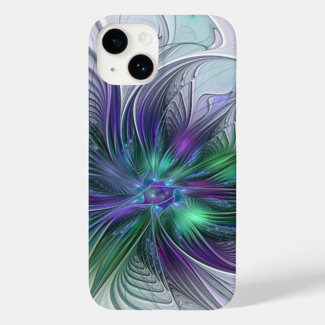 Funda De Case-Mate Para iPhone Flor Abstracta Moderna Fractal Verde Púrpura (Reverso )