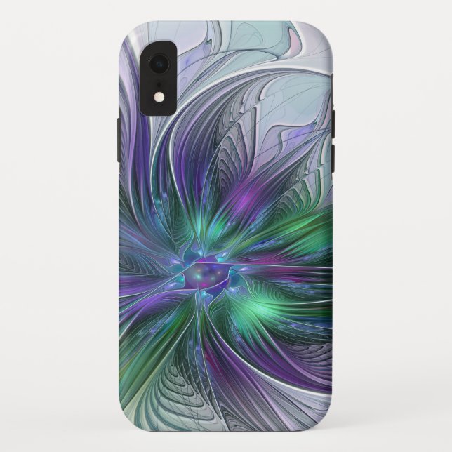 Funda De Case-Mate Para iPhone Flor Abstracta Moderna Fractal Verde Púrpura (Reverso)