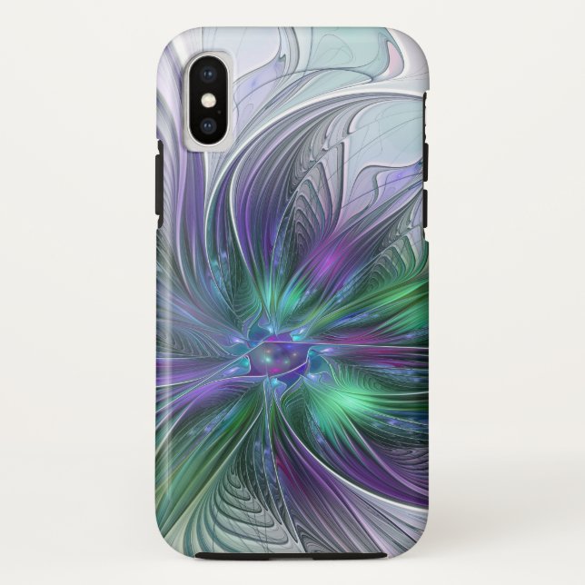 Funda De Case-Mate Para iPhone Flor Abstracta Moderna Fractal Verde Púrpura (Reverso)