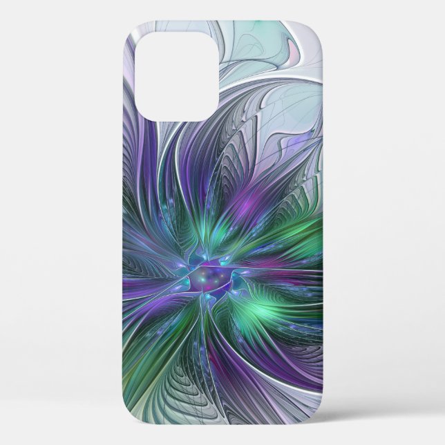 Funda De Case-Mate Para iPhone Flor Abstracta Moderna Fractal Verde Púrpura (Reverso )