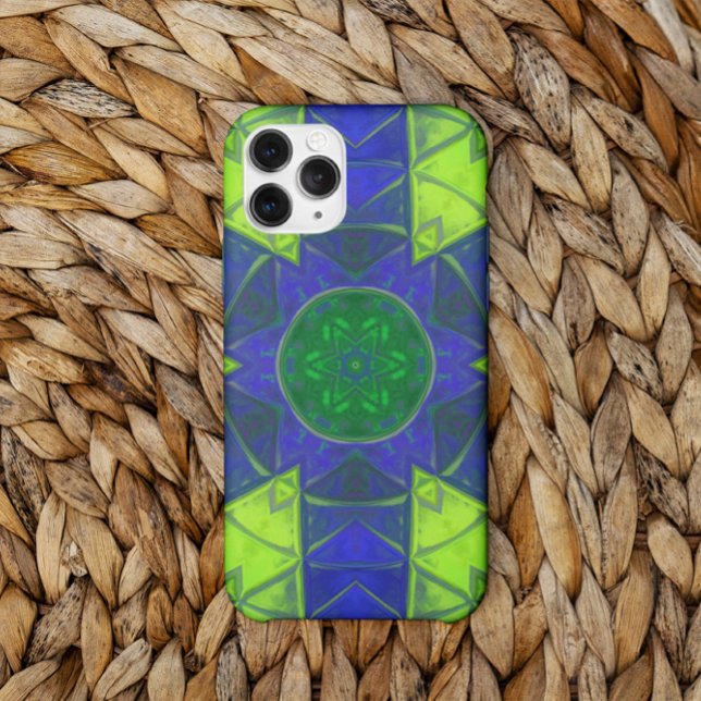 Funda De Case-Mate Para iPhone Flor azul y verde del Kaleidoscopio del Mosaico (Subido por el creador)