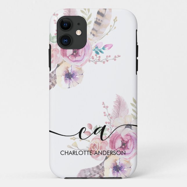 Funda De Case-Mate Para iPhone Flor Boho, monograma (Reverso)