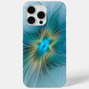 Funda Para iPhone 15 Pro Max Flor de Arte Fractal de Oro Azul Pequeña Belleza