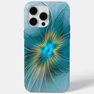 Funda Para iPhone 15 Pro Max Flor de Arte Fractal de Oro Azul Pequeña Belleza