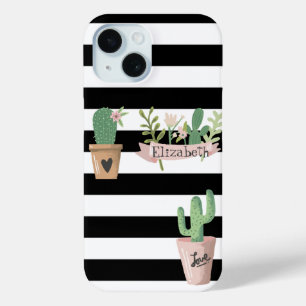 Funda Para iPhone 15 Flor de Cactus Rayas Blancas y Negras