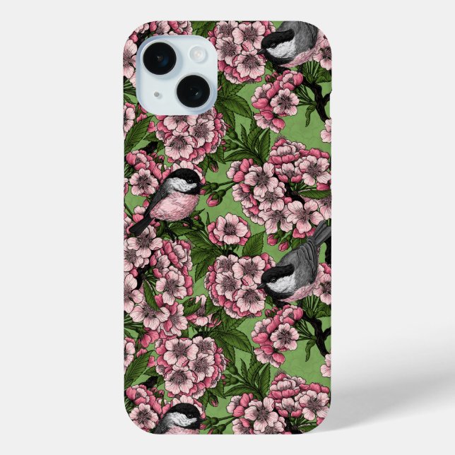 Funda De Case-Mate Para iPhone Flor de cerezo y pollos en verde (Reverso )